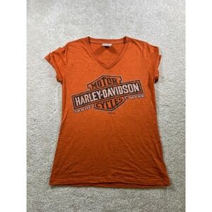Harley Davidson Size L Orange Graphic Logo T Shirt‎ Vneck Short Sleeve Burnout